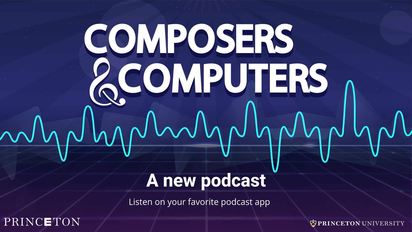 Purple and blue graphic with text that reads, composers and computers, a new podcast, listen on your favorite podcast app.