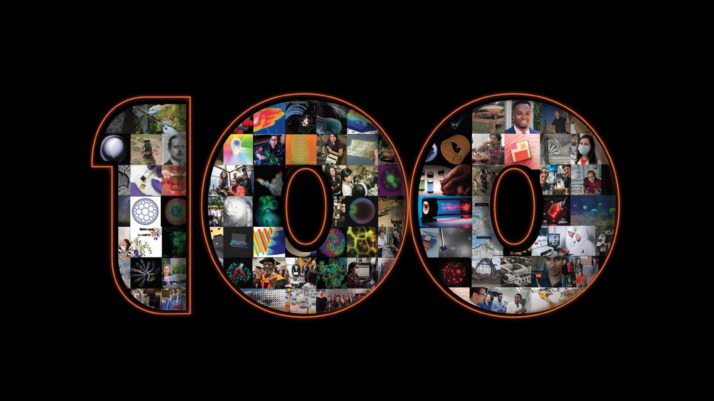 Graphic of the number one hundred with photos inside the numbers.