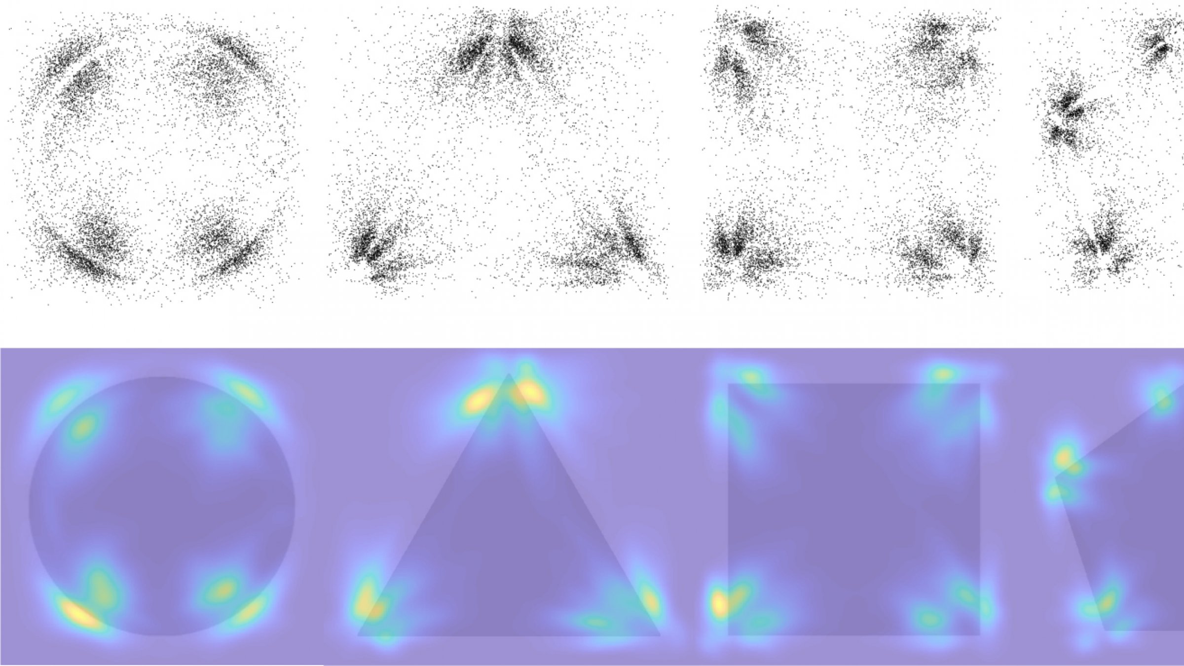 Two images stacked on top of each other.  Top image shows black dots clustered in the corners of geometric shapes.  Bottom image shows same shapes highlighting the clusters.